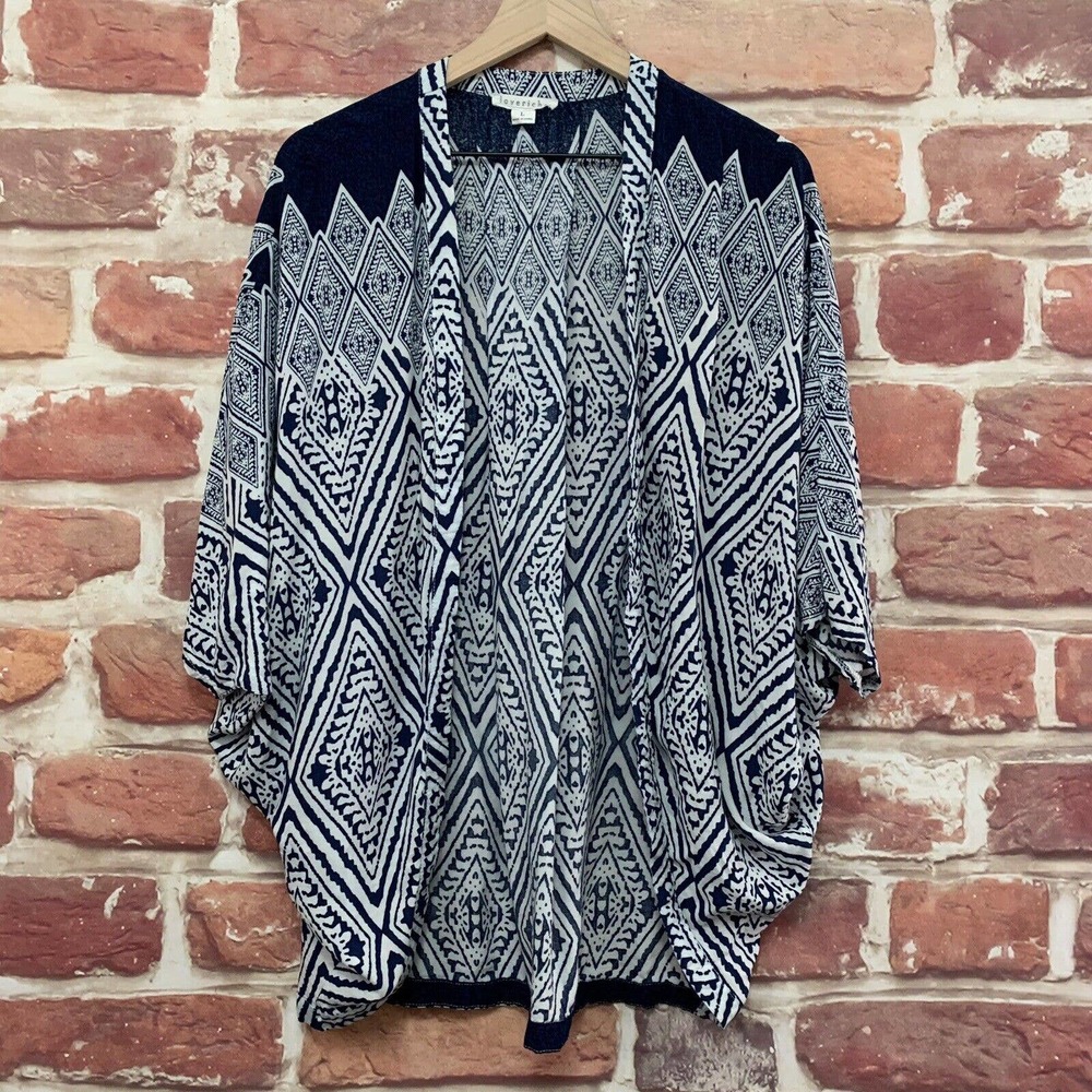 Loveriche Kimono Top Womens L Blue White Boho Diamond Abstract Topper Shrug
